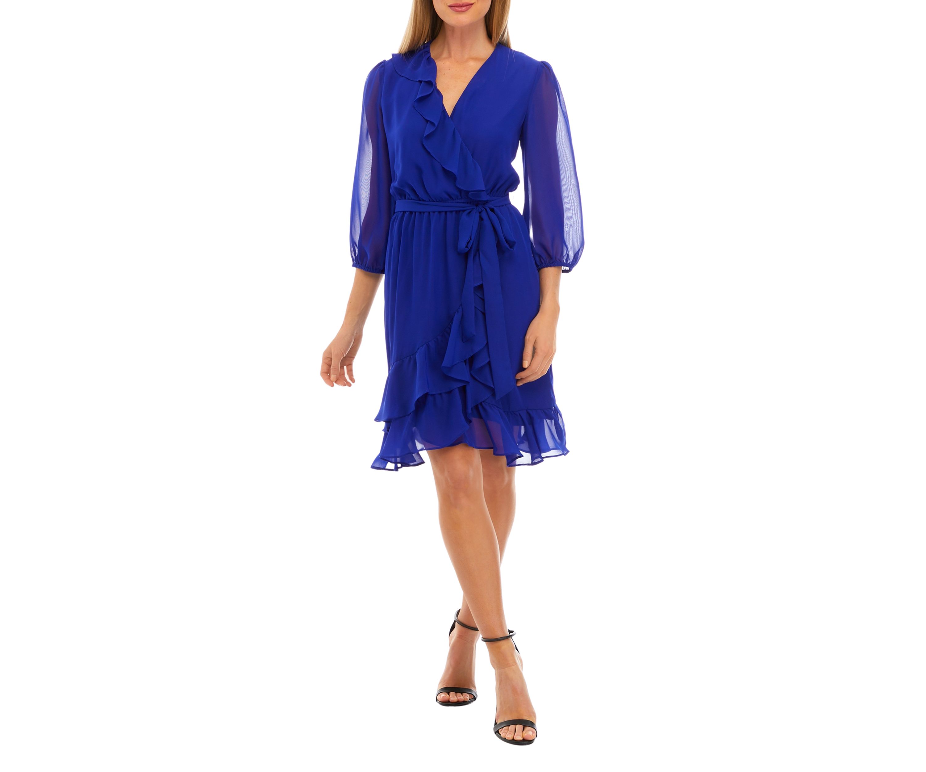 Womens 3/4 Sleeve Surplice Solid Chiffon Ruffle Wrap Dress