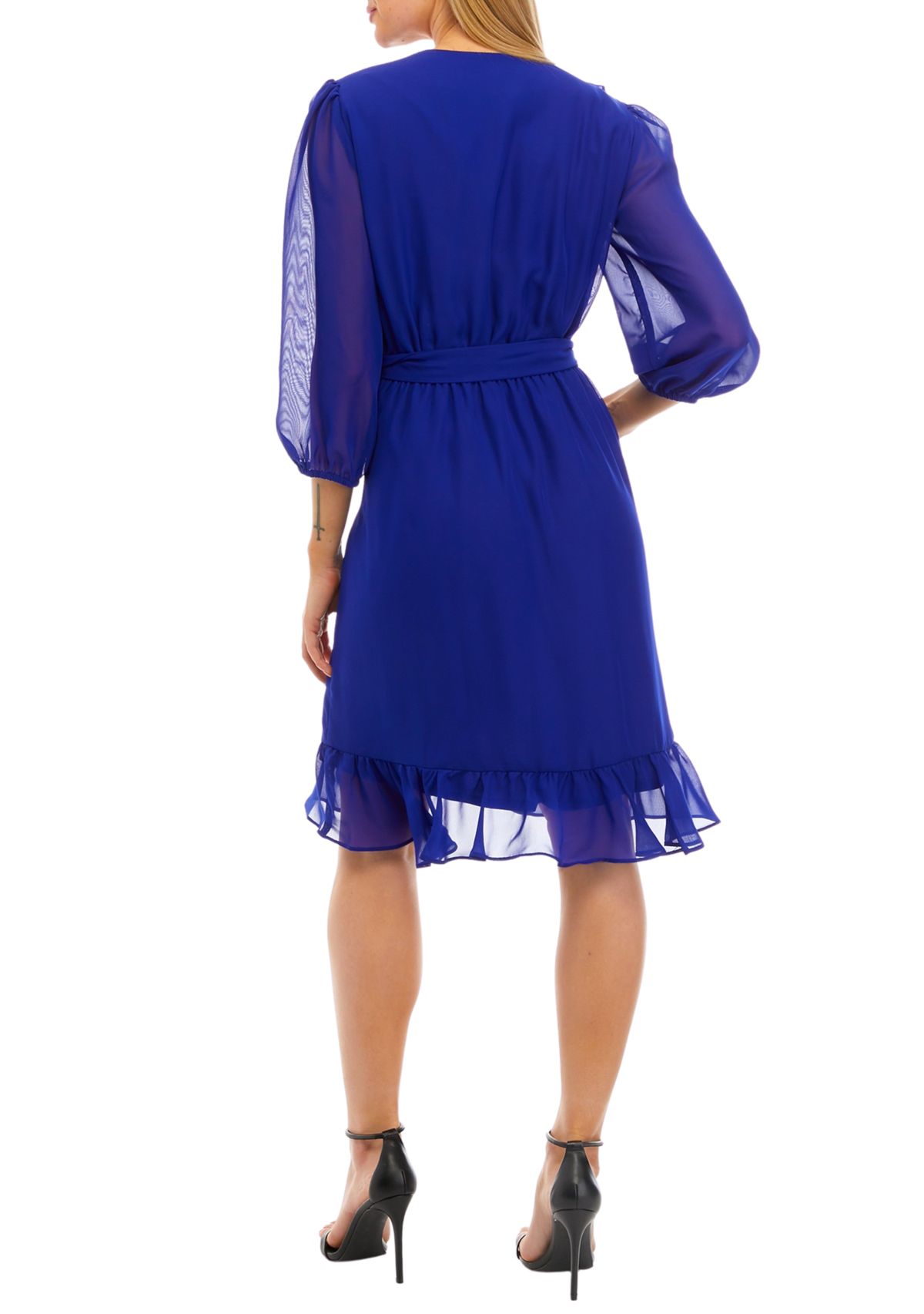 Womens 3/4 Sleeve Surplice Solid Chiffon Ruffle Wrap Dress