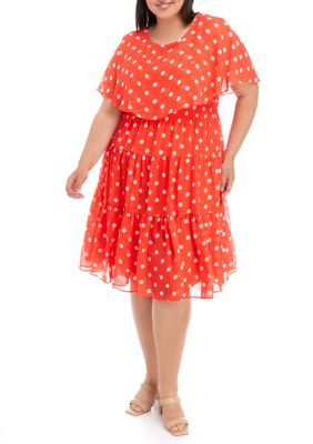 Plus Short Sleeve Solid Chiffon Dot Capelet Dress