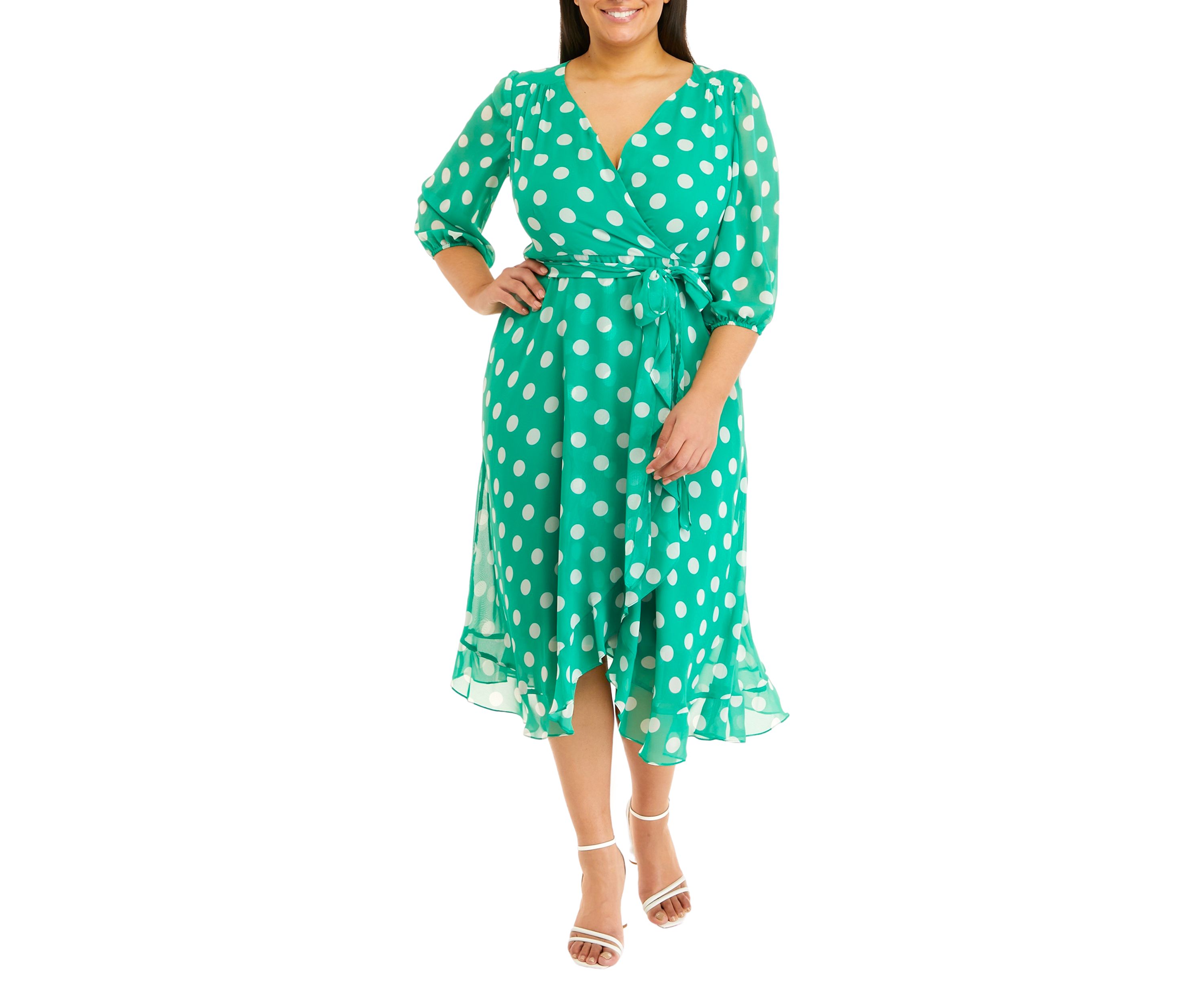 Plus Size 3/4 Sleeve Dot Chiffon Surplice Midi Dress