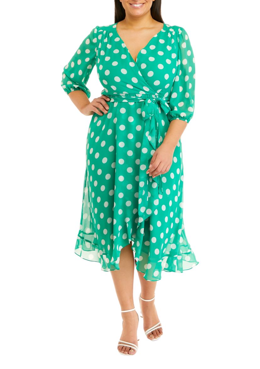 Plus Size 3/4 Sleeve Dot Chiffon Surplice Midi Dress
