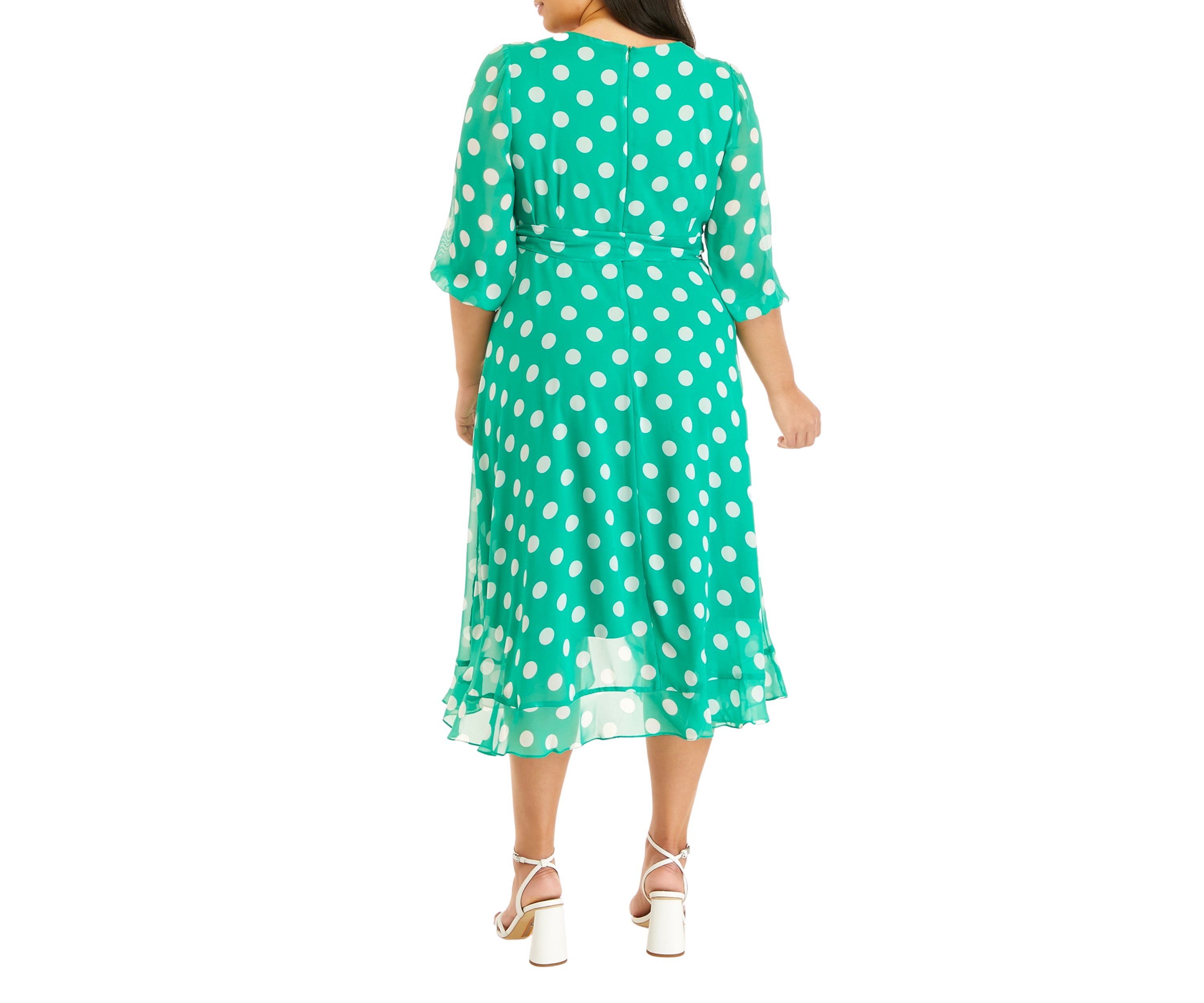 Plus Size 3/4 Sleeve Dot Chiffon Surplice Midi Dress