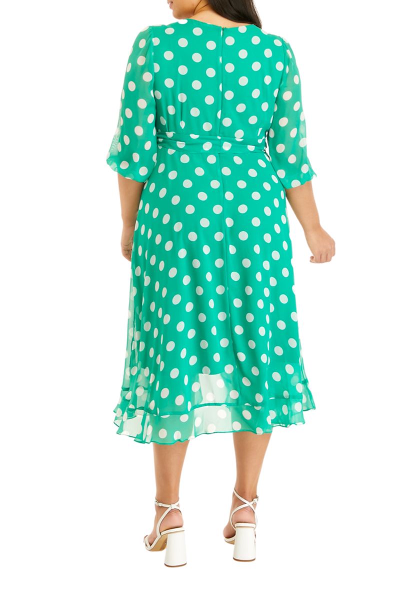 Plus Size 3/4 Sleeve Dot Chiffon Surplice Midi Dress