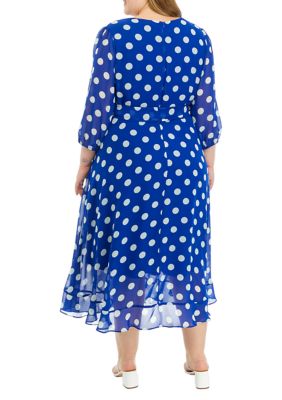 Plus 3/4 Sleeve Dot Chiffon Surplice Midi Dress