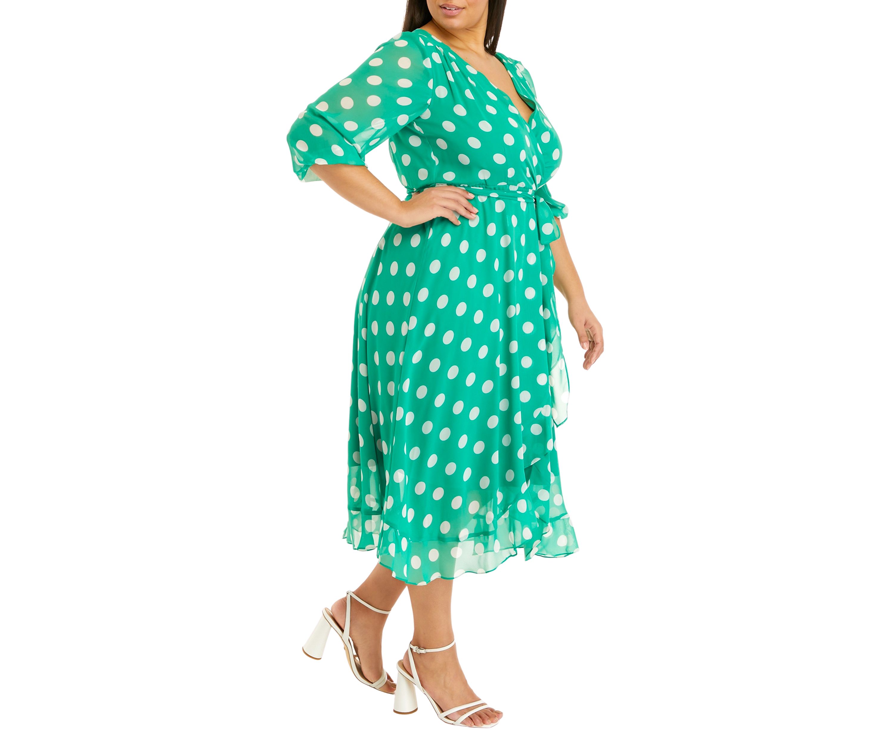 Plus Size 3/4 Sleeve Dot Chiffon Surplice Midi Dress