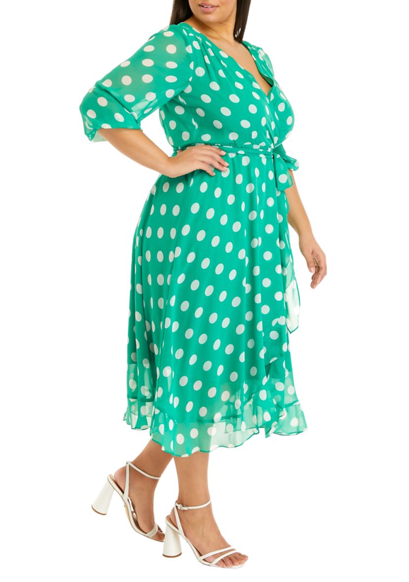 Plus Size 3/4 Sleeve Dot Chiffon Surplice Midi Dress