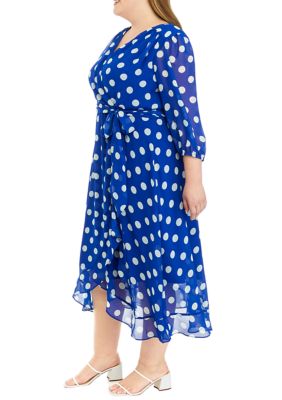 Plus 3/4 Sleeve Dot Chiffon Surplice Midi Dress