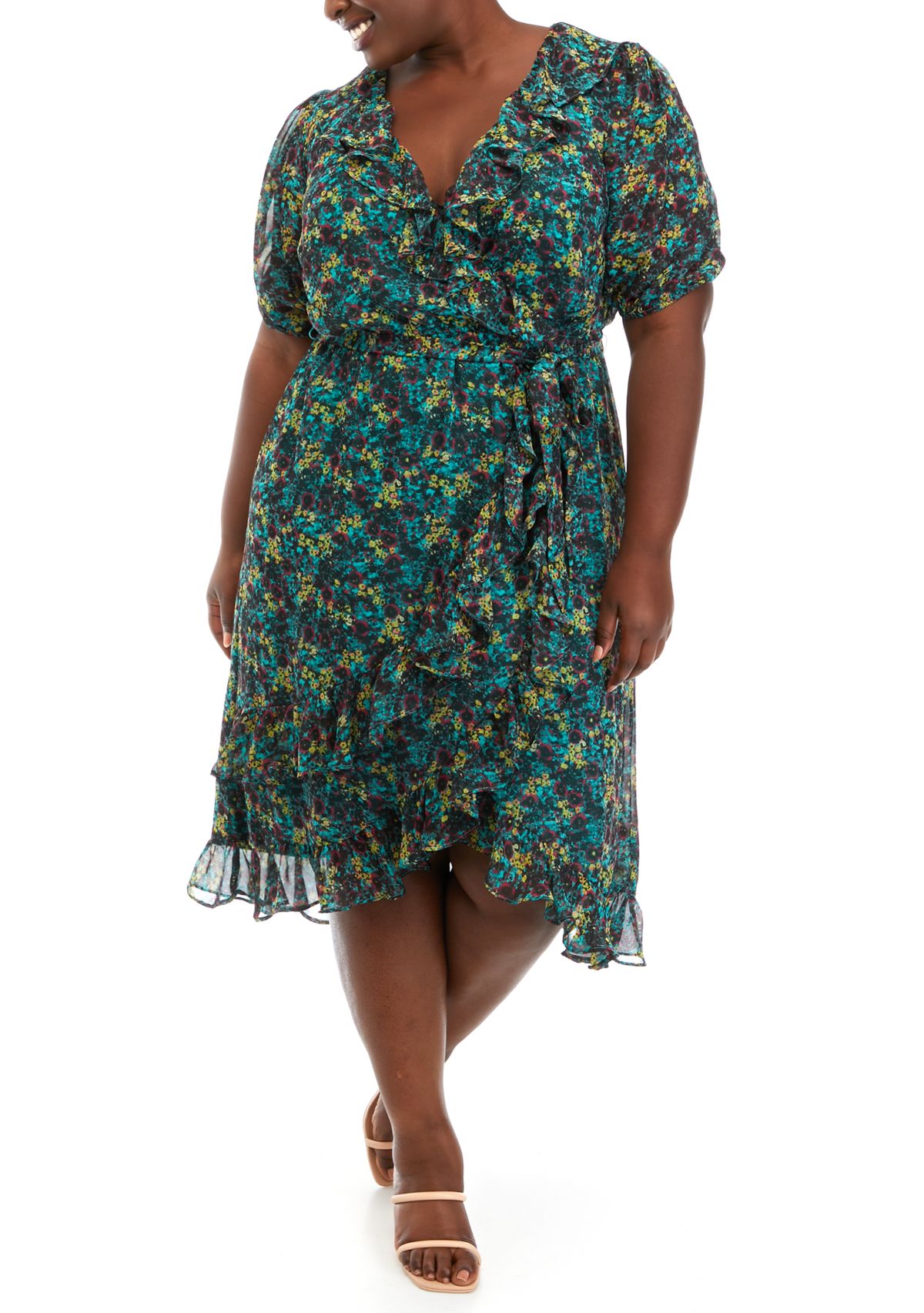 Plus Size Elbow Sleeve Chiffon Floral Wrap Dress