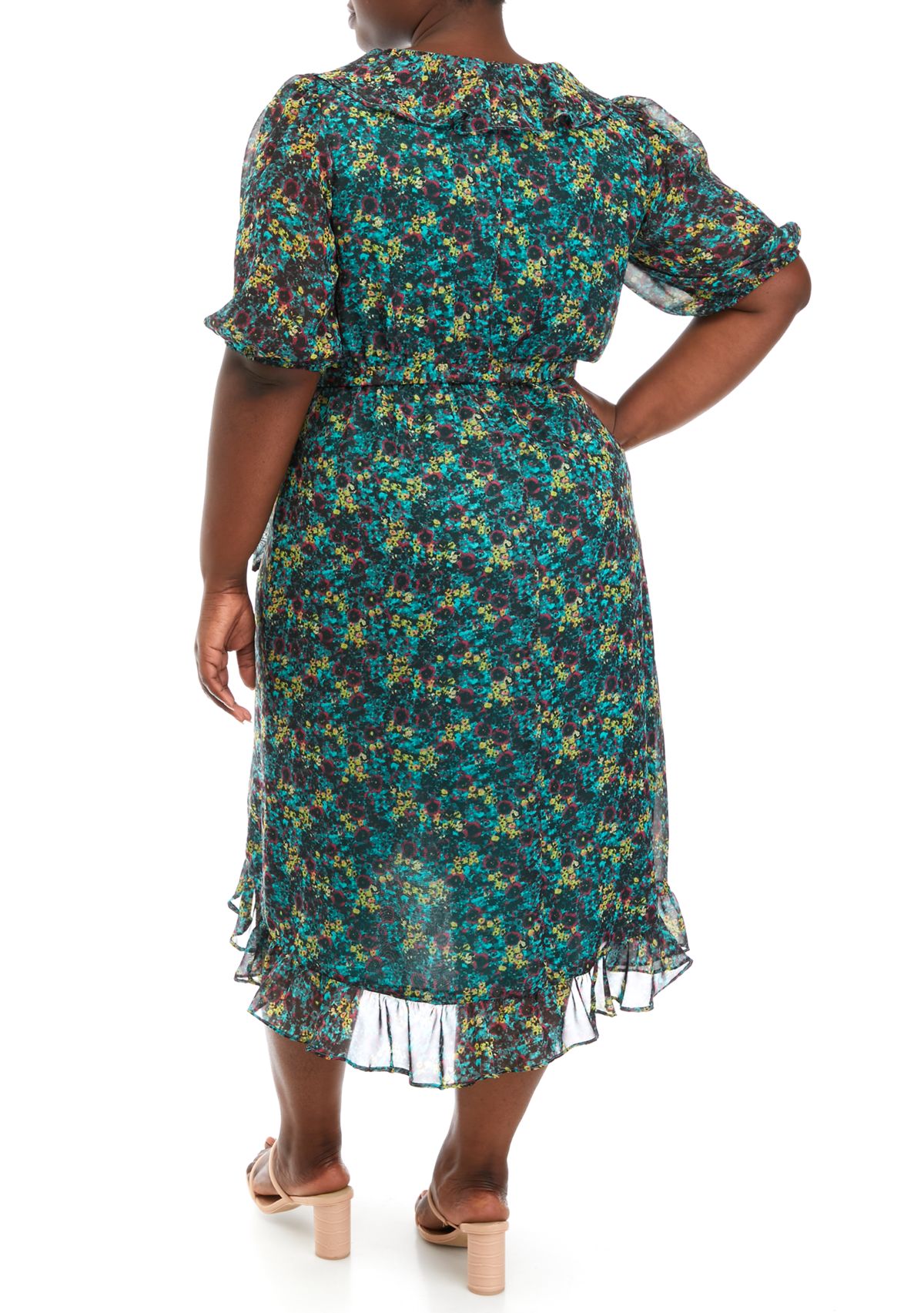 Plus Size Elbow Sleeve Chiffon Floral Wrap Dress