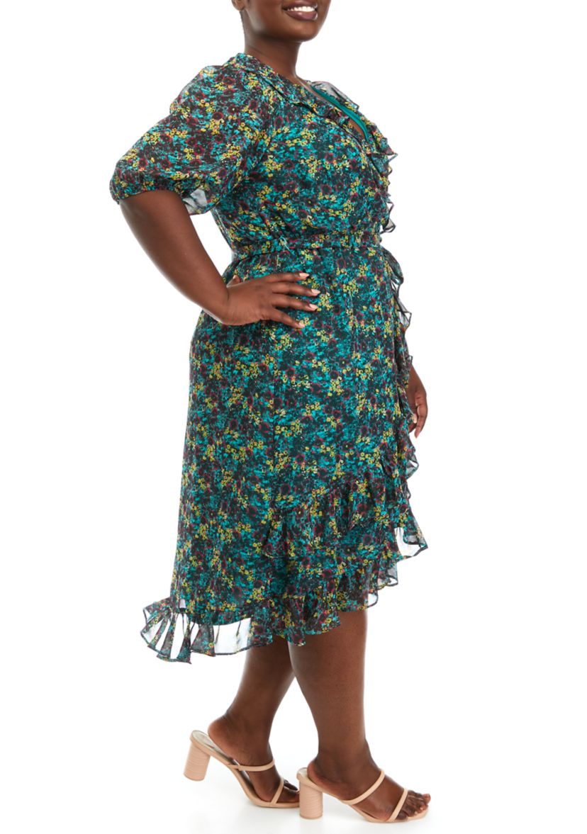 Plus Size Elbow Sleeve Chiffon Floral Wrap Dress