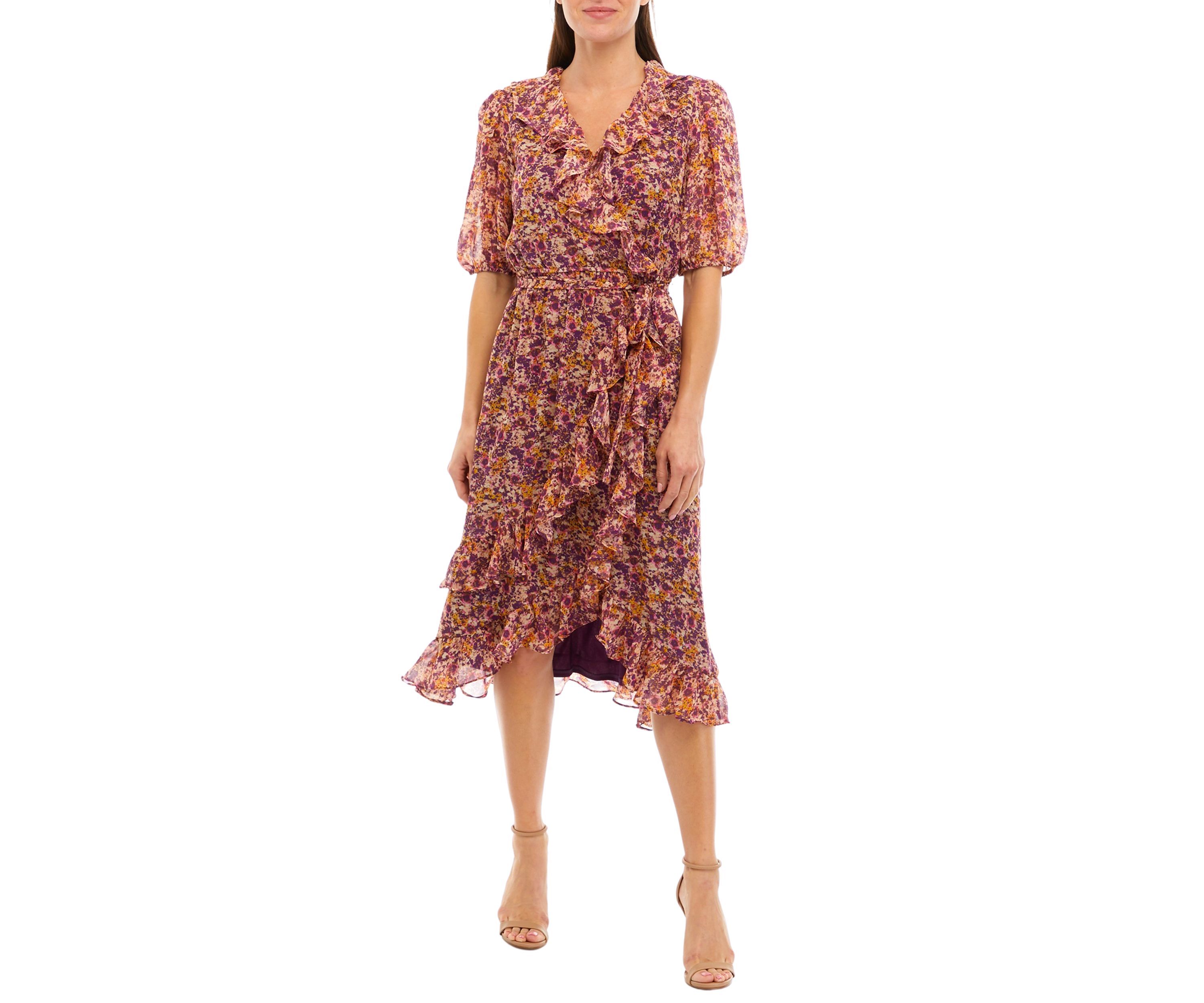 Womens Elbow Sleeve Floral Printed Chiffon Wrap Dress