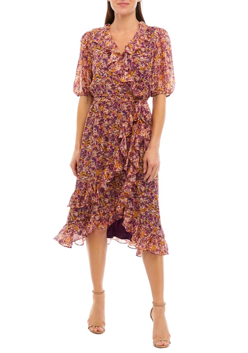 Womens Elbow Sleeve Floral Printed Chiffon Wrap Dress