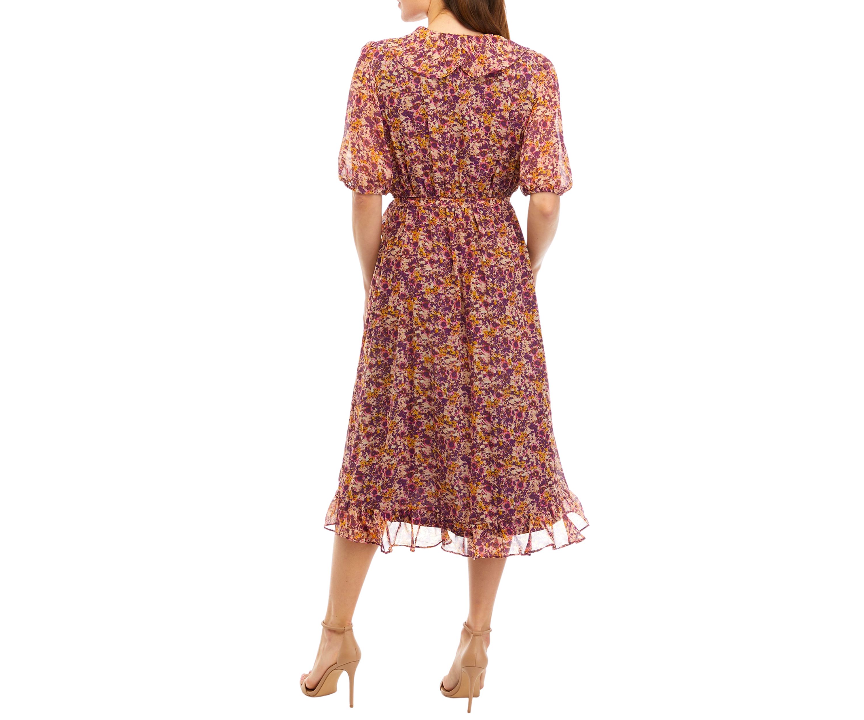 Womens Elbow Sleeve Floral Printed Chiffon Wrap Dress
