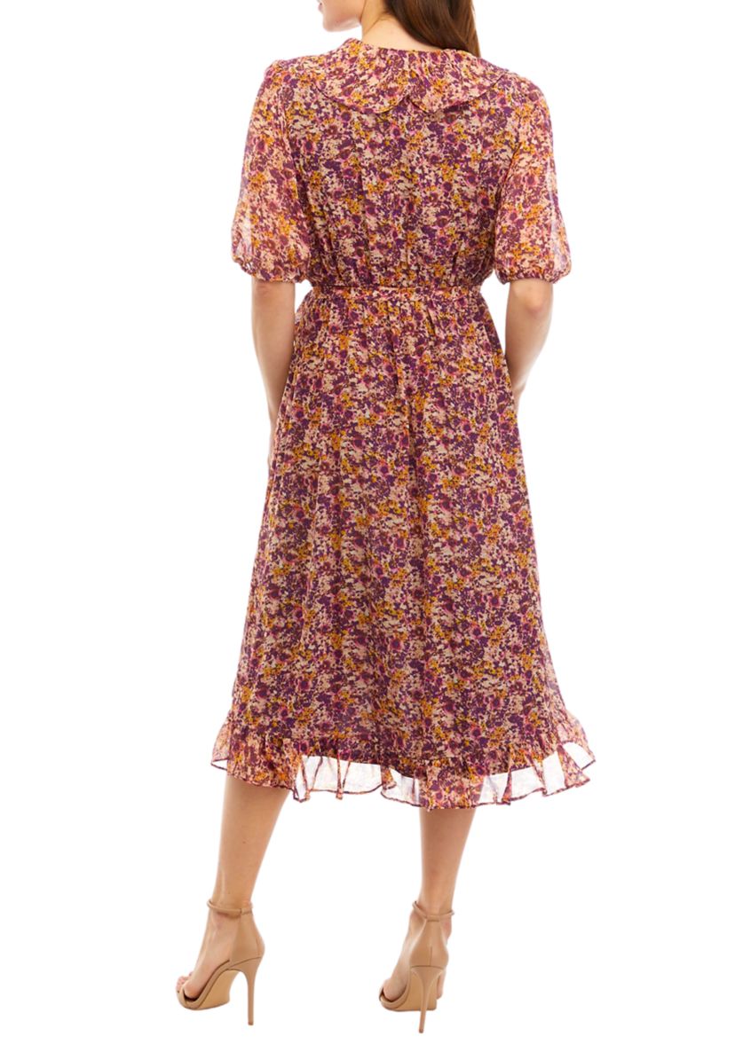 Womens Elbow Sleeve Floral Printed Chiffon Wrap Dress