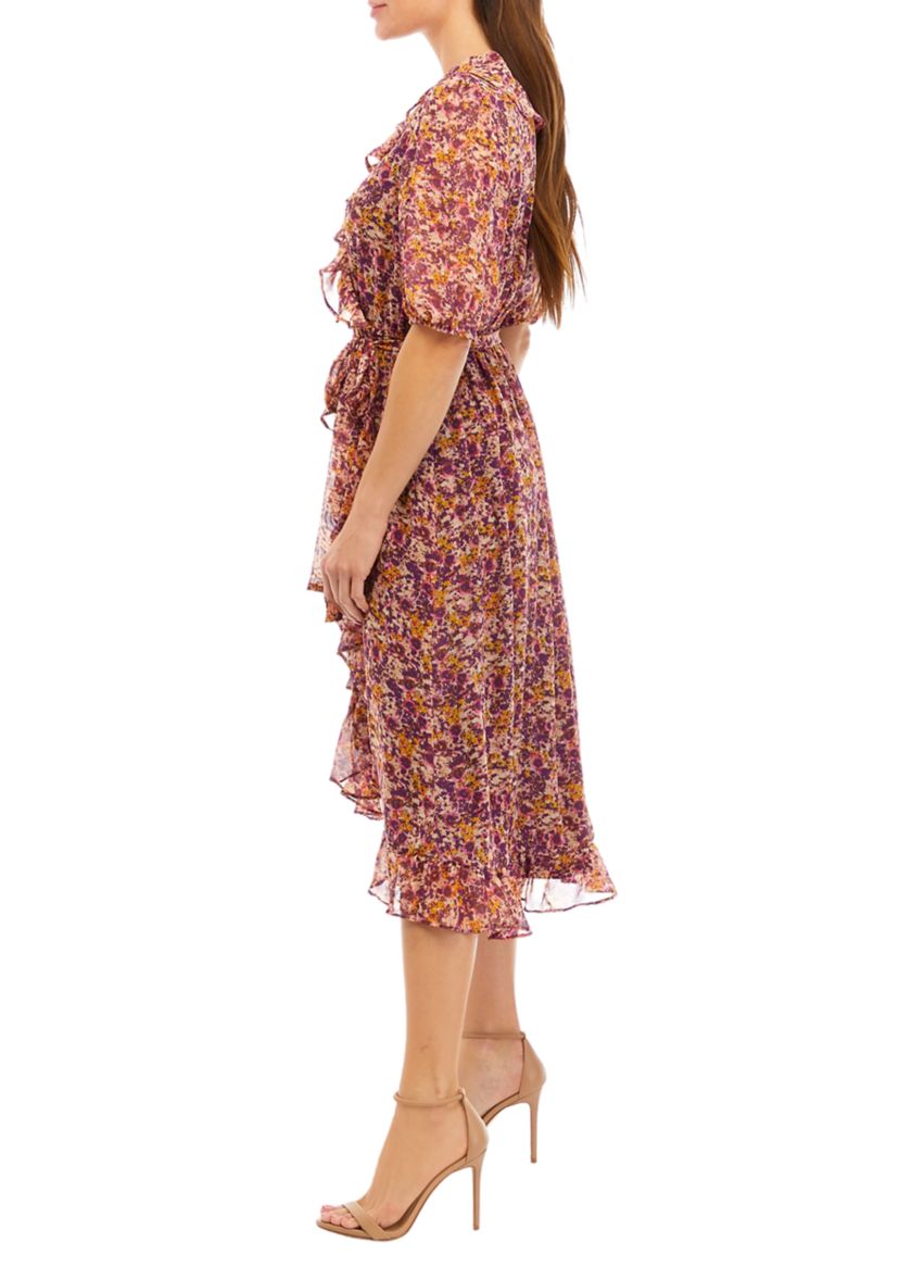 Womens Elbow Sleeve Floral Printed Chiffon Wrap Dress