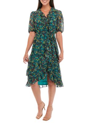 Maison Tara Women's Short Sleeve Ditsy Chiffon Midi Dress | belk