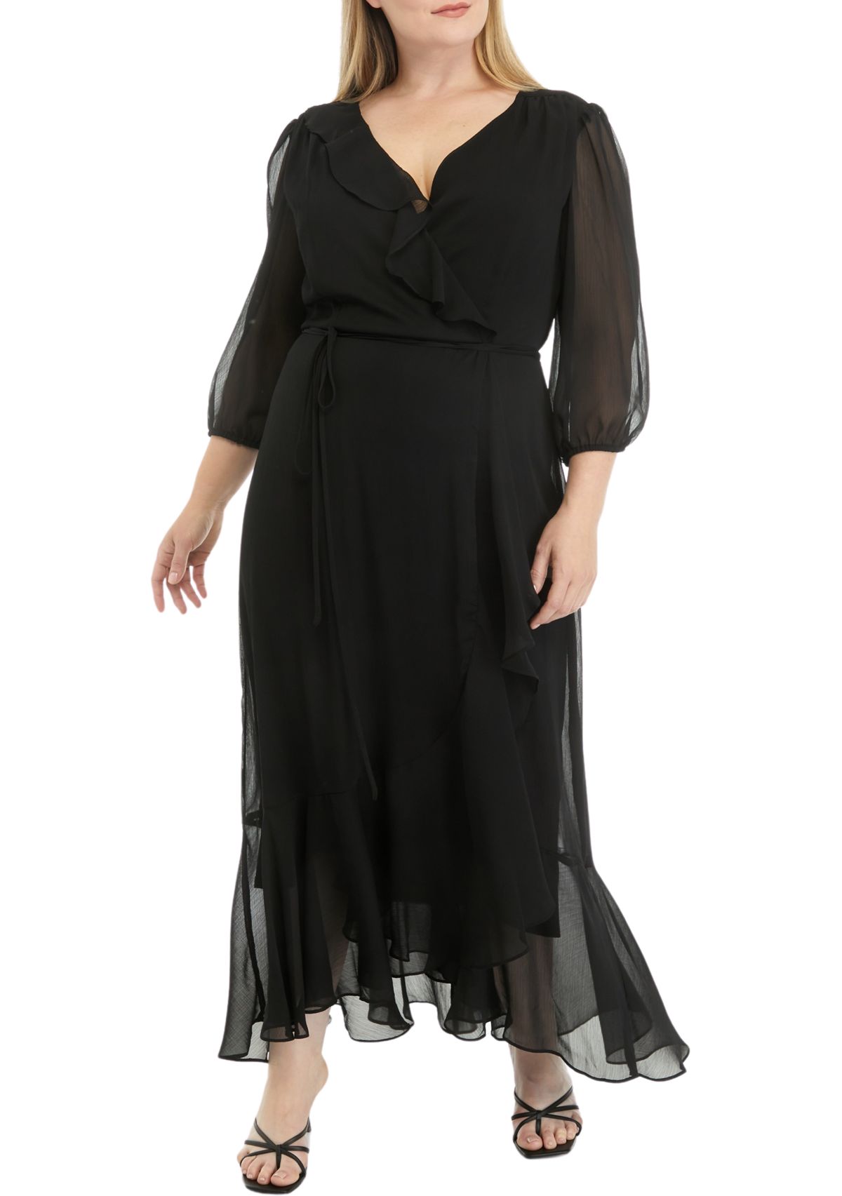 Plus Size Mesh 3/4 Sleeve Ruffle V-Neck Solid Fit and Flare Dress