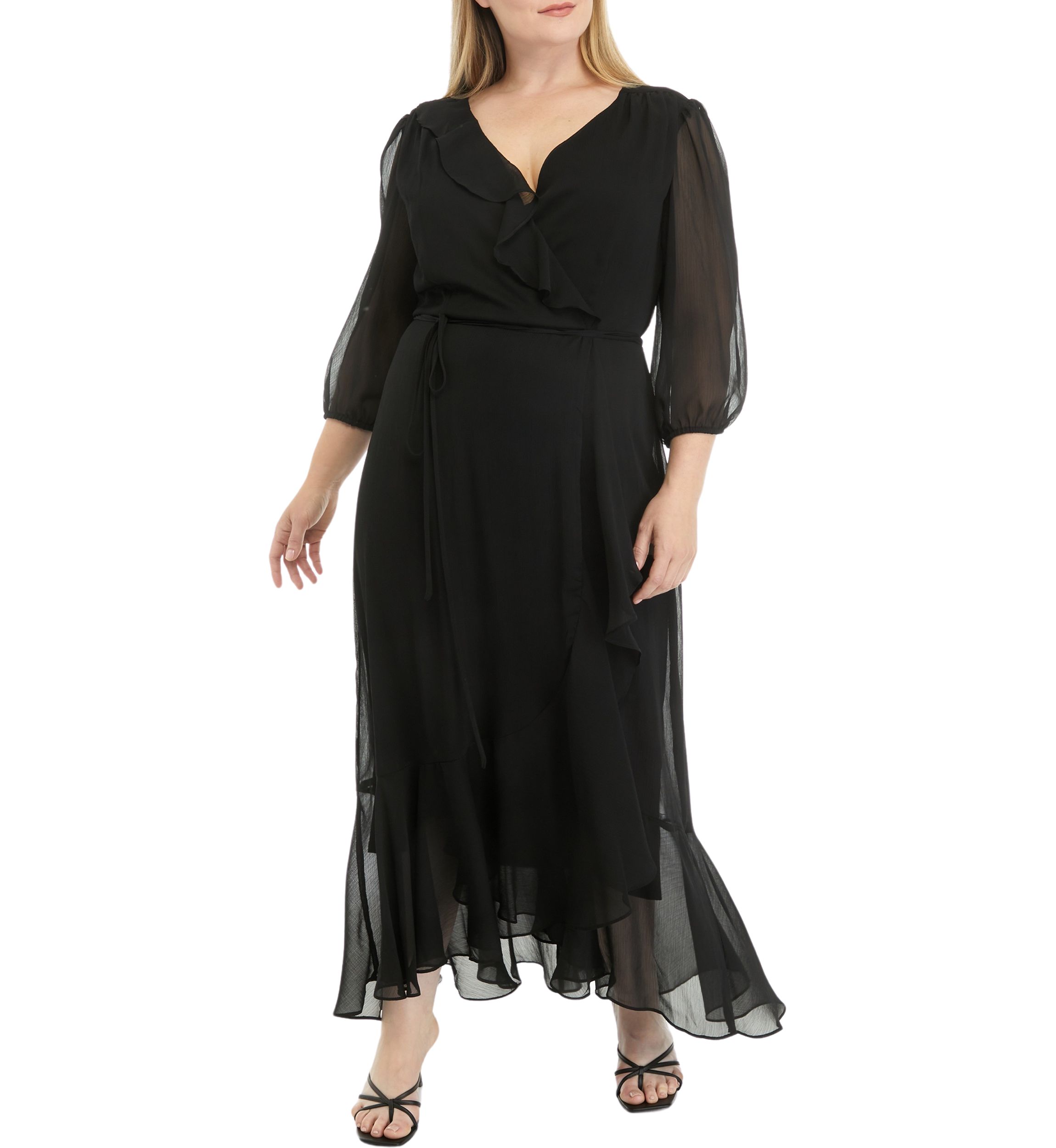 Plus Size Mesh 3/4 Sleeve Ruffle V-Neck Solid Fit and Flare Dress