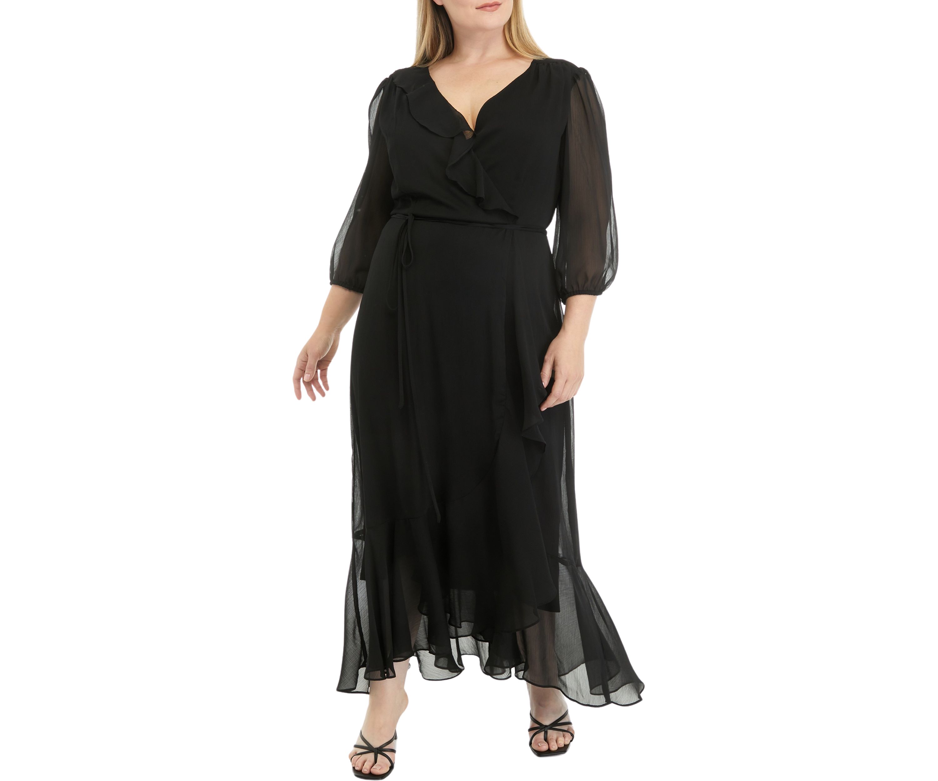 Plus Size Mesh 3/4 Sleeve Ruffle V-Neck Solid Fit and Flare Dress