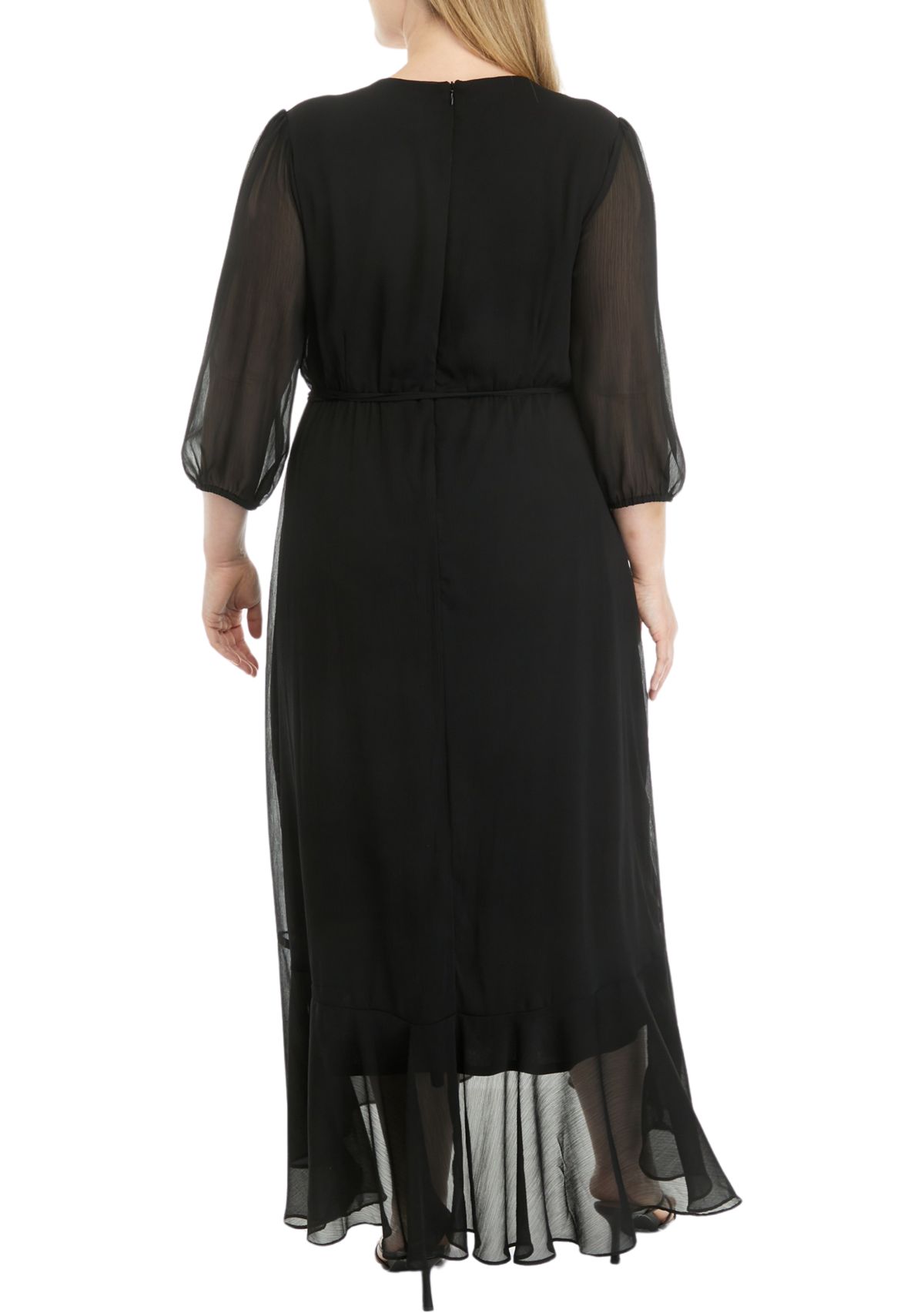 Plus Size Mesh 3/4 Sleeve Ruffle V-Neck Solid Fit and Flare Dress