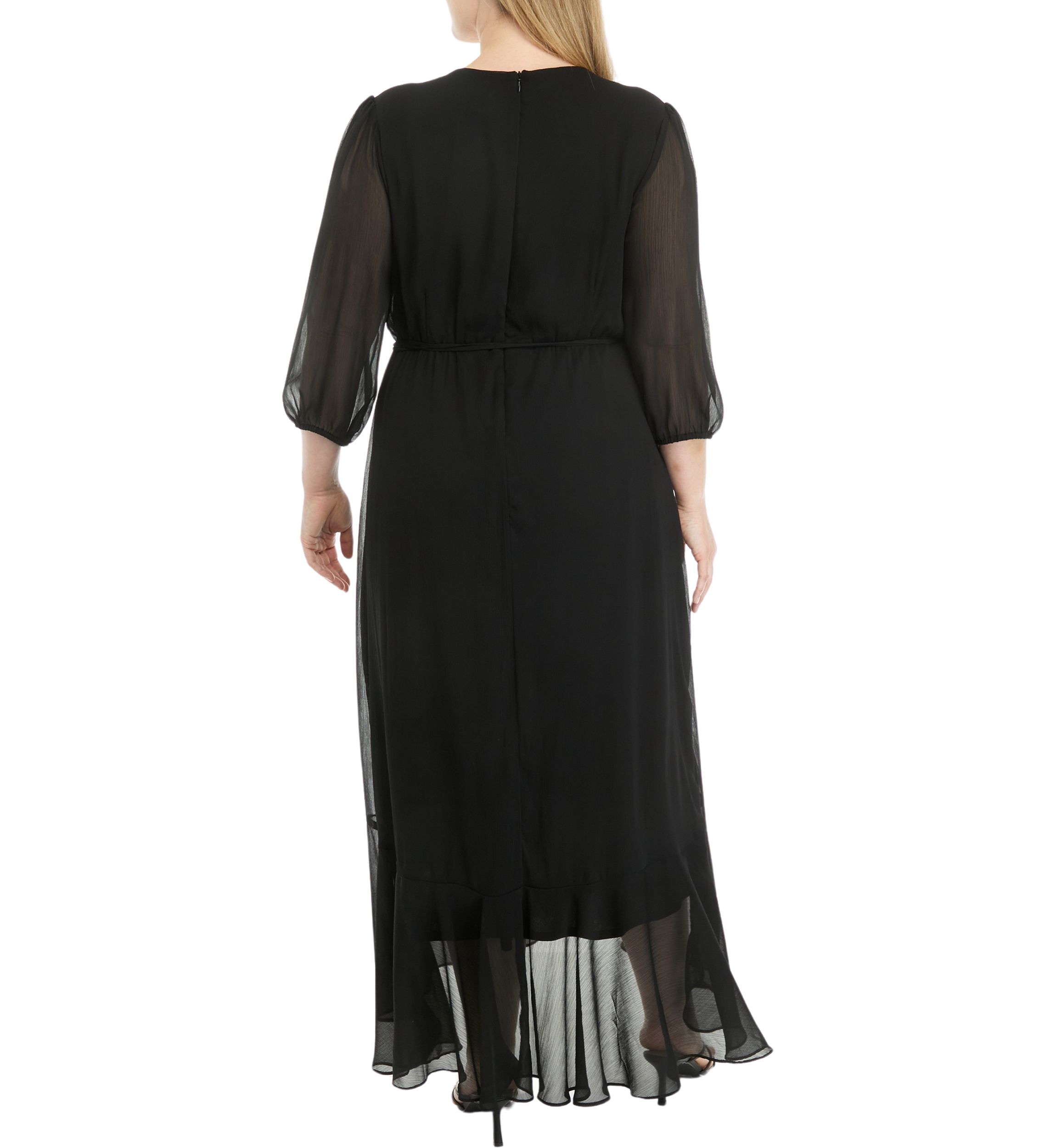 Plus Size Mesh 3/4 Sleeve Ruffle V-Neck Solid Fit and Flare Dress
