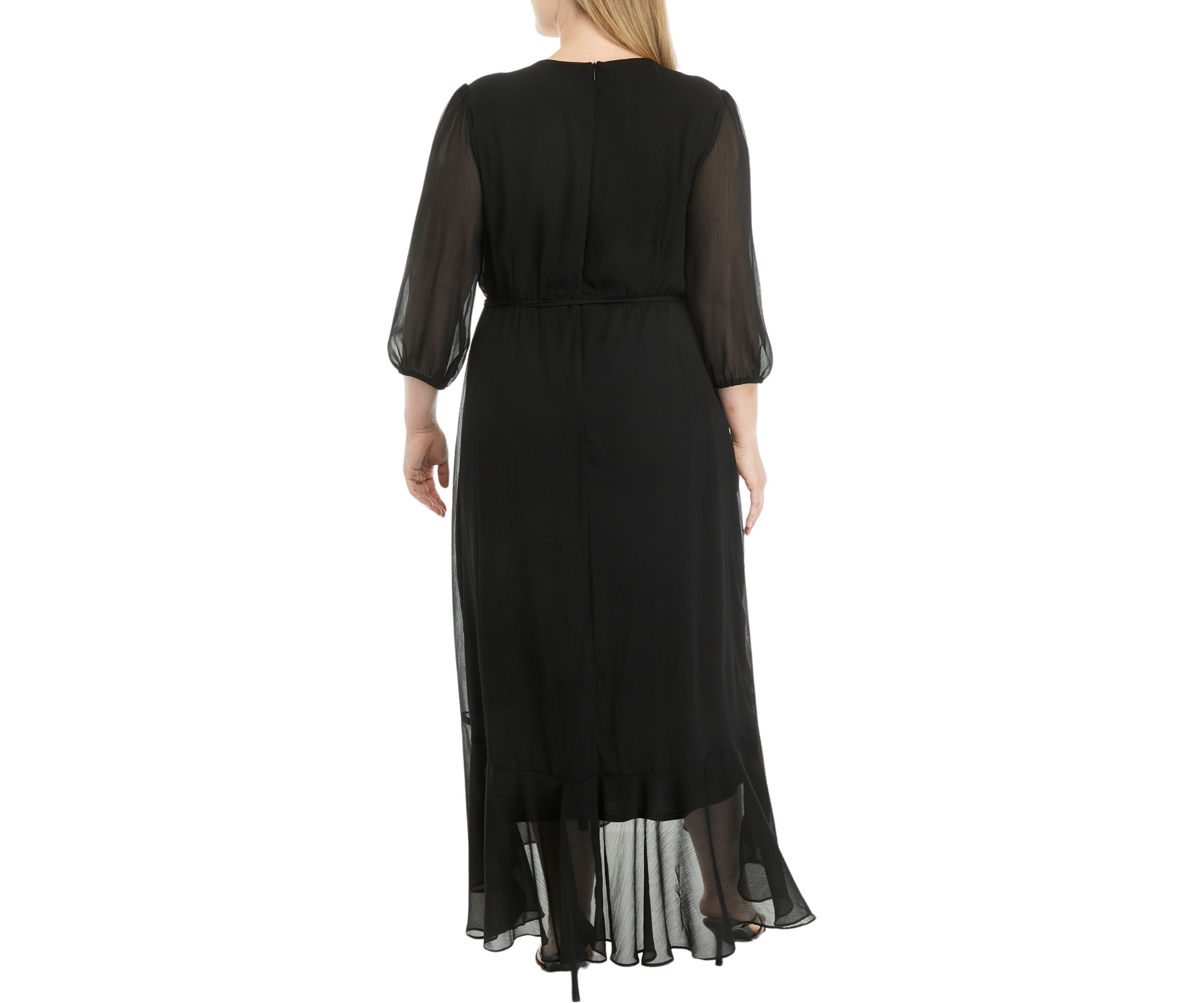 Plus Size Mesh 3/4 Sleeve Ruffle V-Neck Solid Fit and Flare Dress