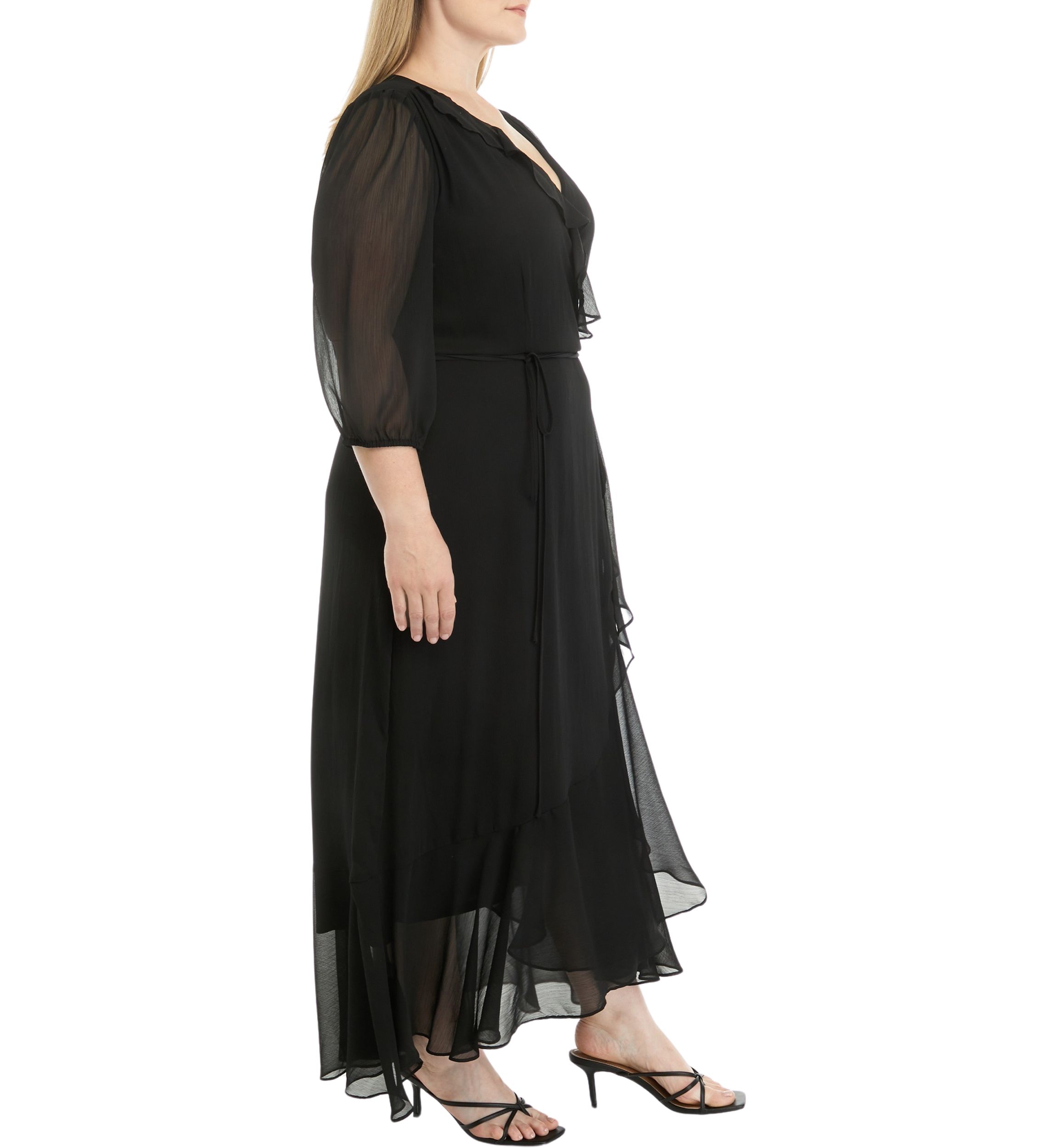 Plus Size Mesh 3/4 Sleeve Ruffle V-Neck Solid Fit and Flare Dress