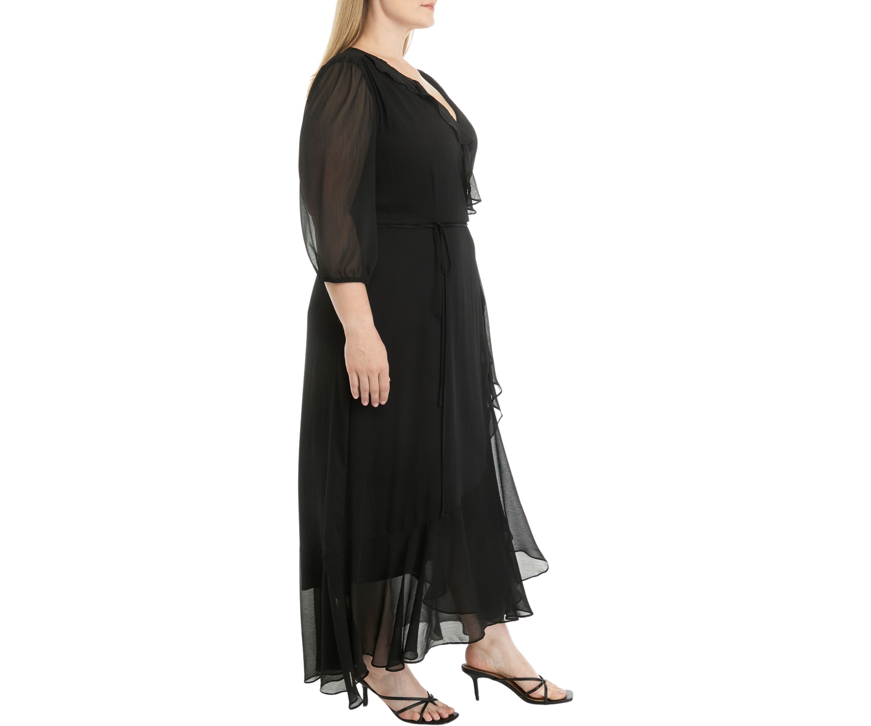 Plus Size Mesh 3/4 Sleeve Ruffle V-Neck Solid Fit and Flare Dress