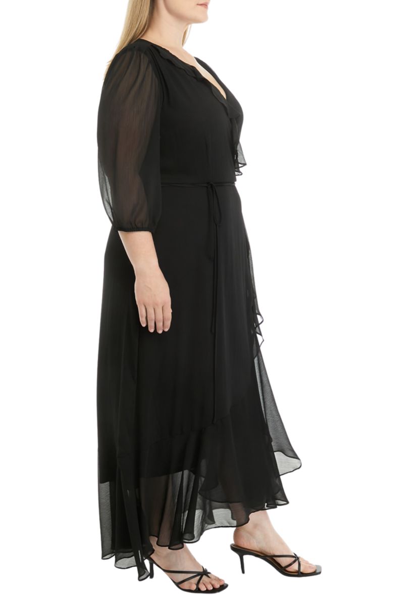 Plus Size Mesh 3/4 Sleeve Ruffle V-Neck Solid Fit and Flare Dress