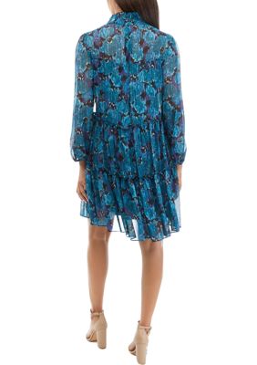 Women's Long Sleeve Mock Neck Floral Print Chiffon A-Line Dress