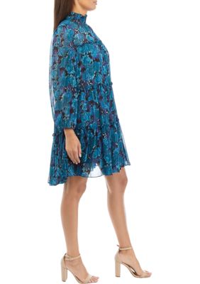 Women's Long Sleeve Mock Neck Floral Print Chiffon A-Line Dress