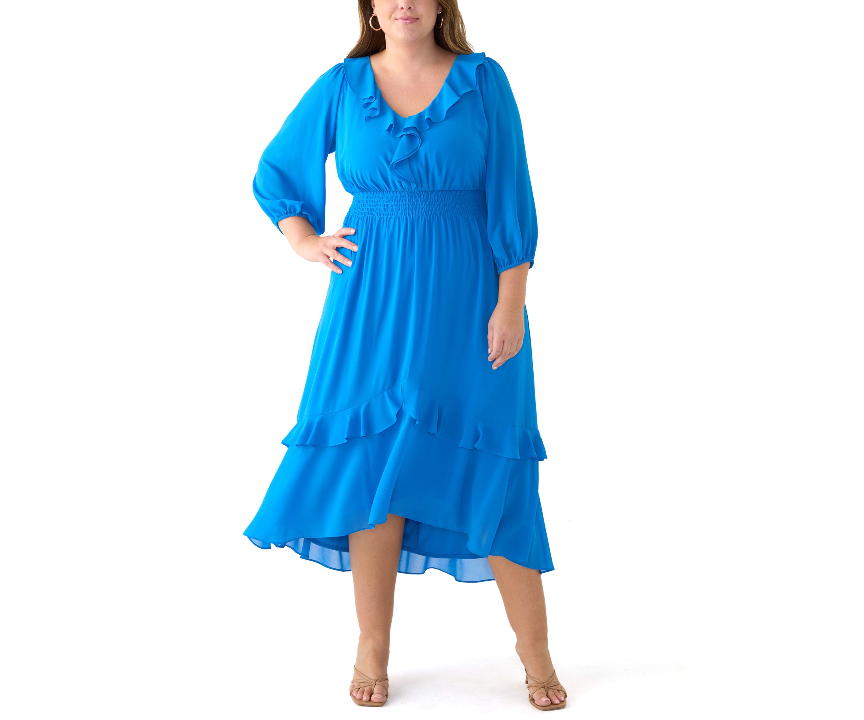Plus Size 3/4 Sleeve V-Neck Solid Chiffon Fit and Flare Dress