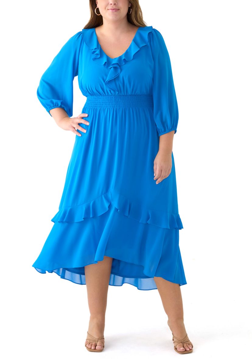 Plus Size 3/4 Sleeve V-Neck Solid Chiffon Fit and Flare Dress