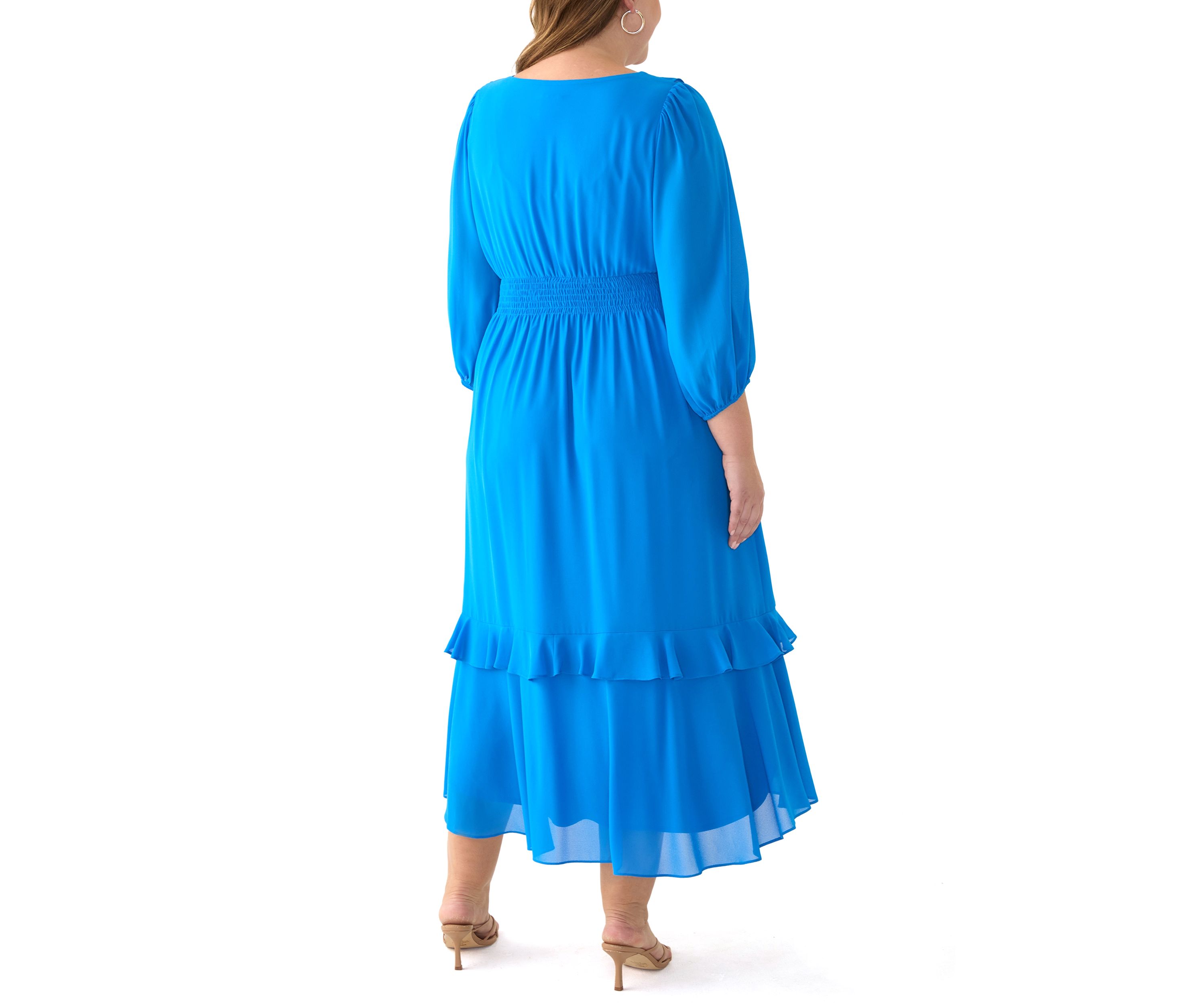 Plus Size 3/4 Sleeve V-Neck Solid Chiffon Fit and Flare Dress
