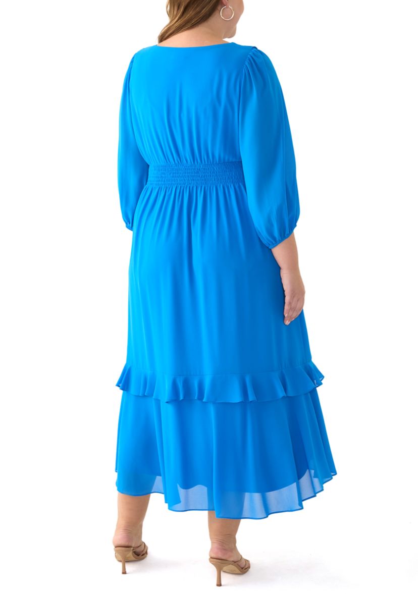 Plus Size 3/4 Sleeve V-Neck Solid Chiffon Fit and Flare Dress