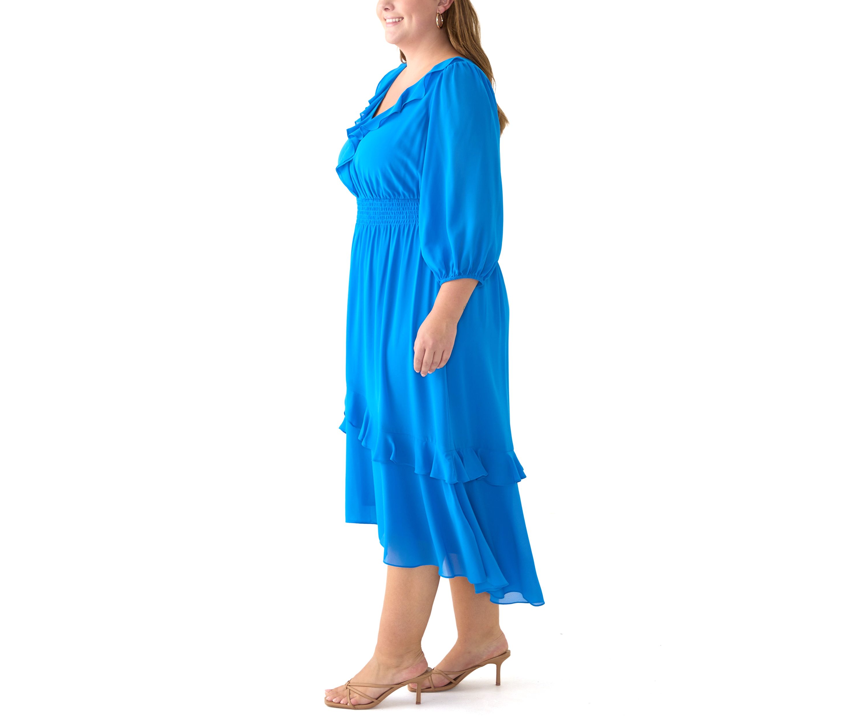 Plus Size 3/4 Sleeve V-Neck Solid Chiffon Fit and Flare Dress