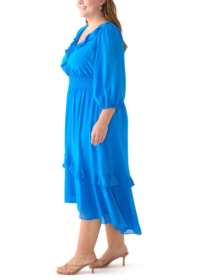 Plus Size 3/4 Sleeve V-Neck Solid Chiffon Fit and Flare Dress