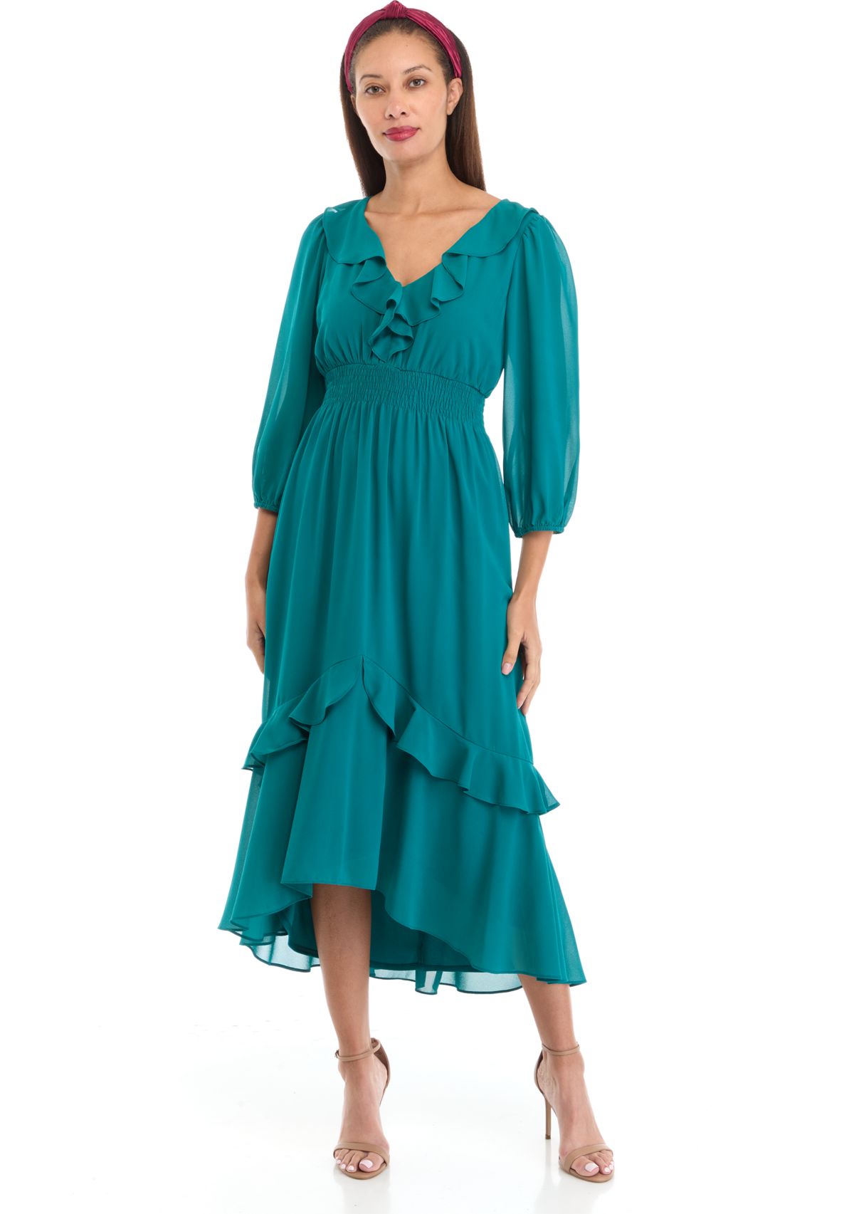 Womens 3/4 Sleeve V-Neck Solid Chiffon Fit and Flare Dress