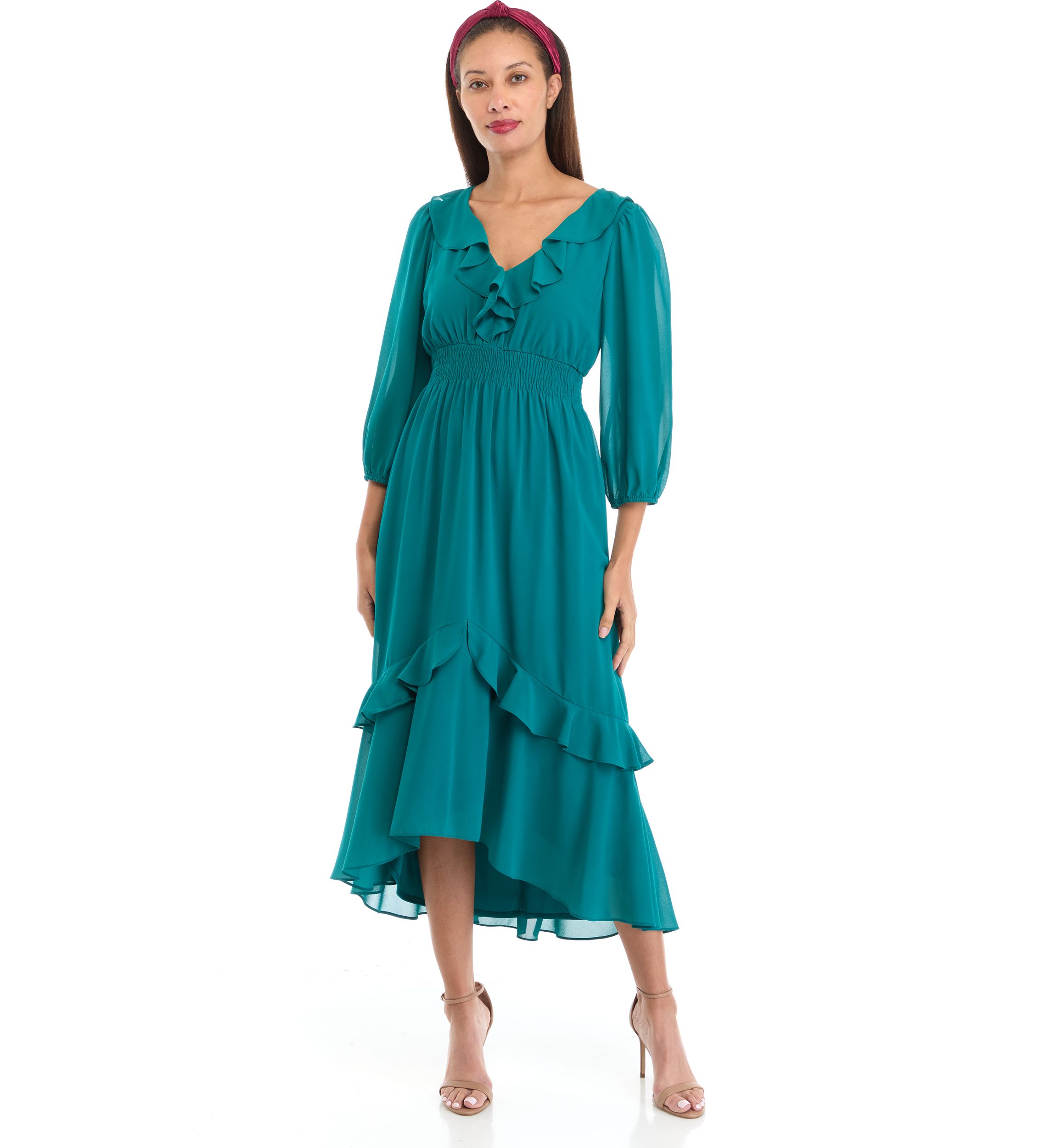 Womens 3/4 Sleeve V-Neck Solid Chiffon Fit and Flare Dress