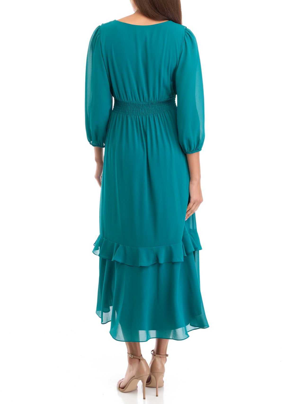 Womens 3/4 Sleeve V-Neck Solid Chiffon Fit and Flare Dress