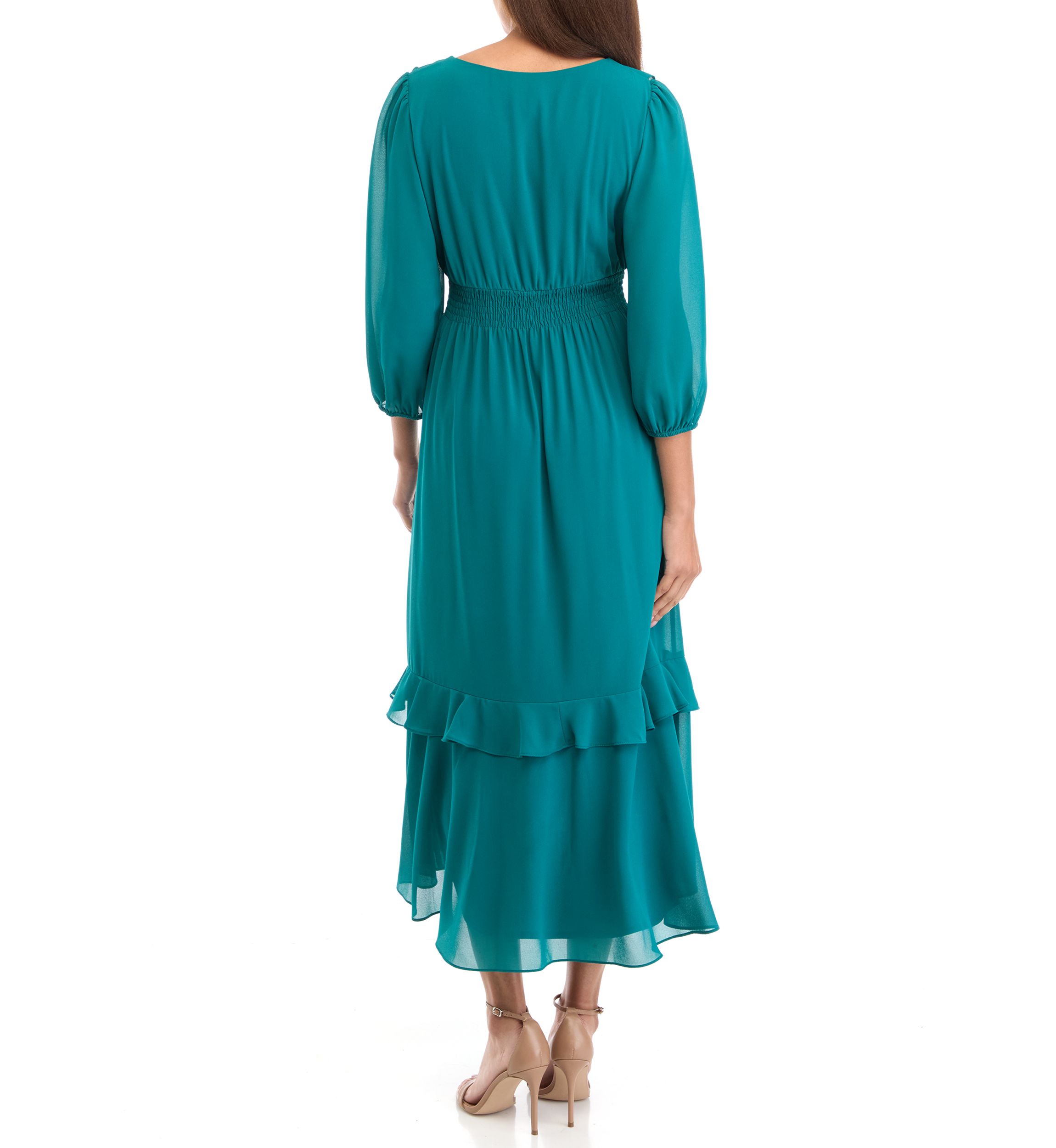 Womens 3/4 Sleeve V-Neck Solid Chiffon Fit and Flare Dress