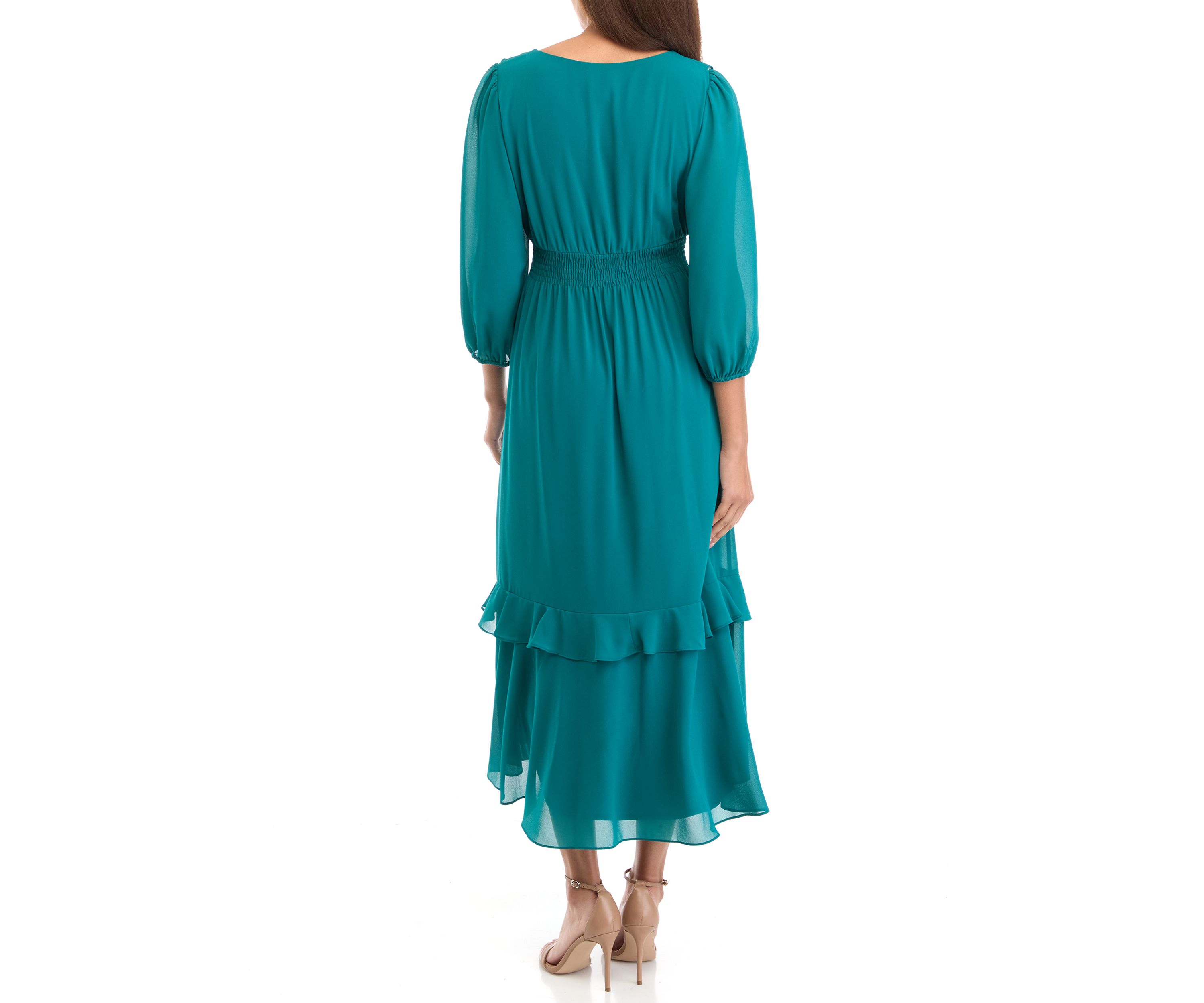 Womens 3/4 Sleeve V-Neck Solid Chiffon Fit and Flare Dress