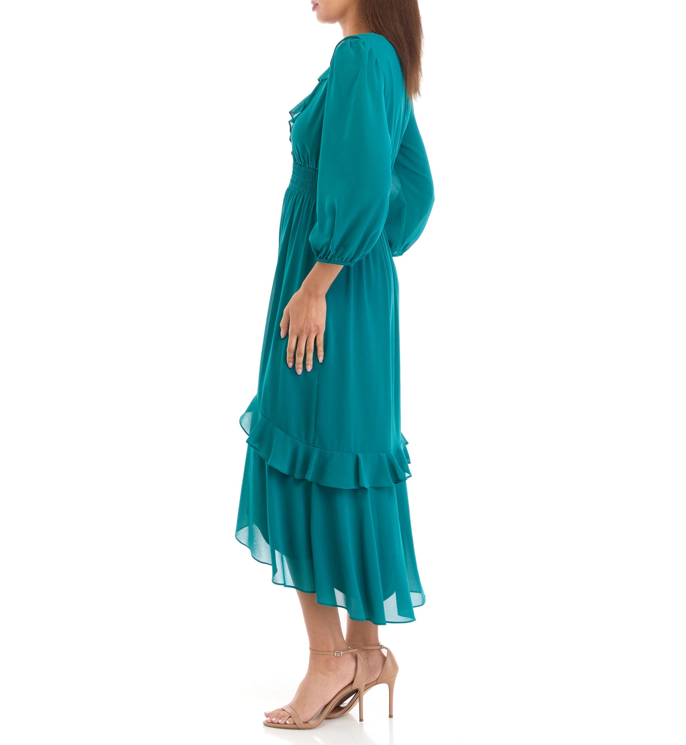 Womens 3/4 Sleeve V-Neck Solid Chiffon Fit and Flare Dress