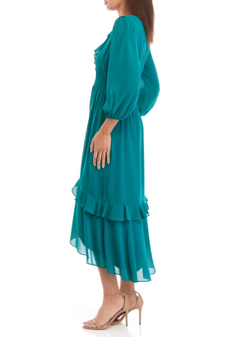 Womens 3/4 Sleeve V-Neck Solid Chiffon Fit and Flare Dress