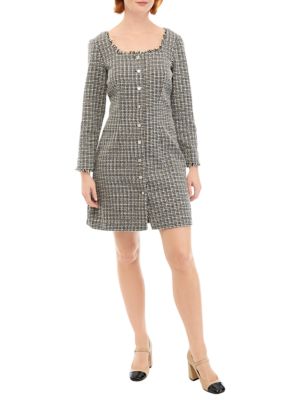 Women's Long Sleeve Square Neck Button Front Boucle Dress