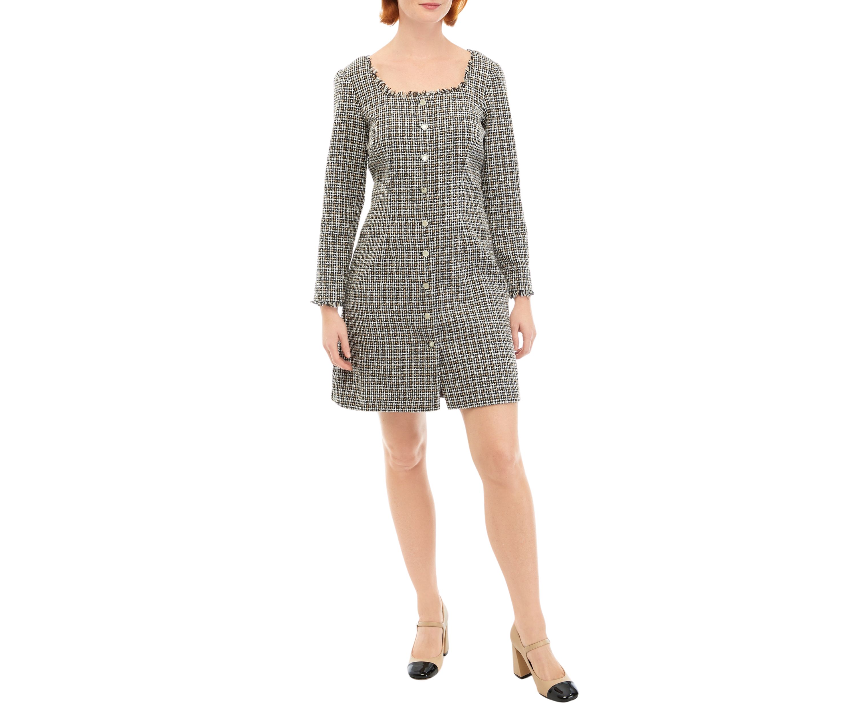 Womens Long Sleeve Square Neck Button Front Boucle Dress
