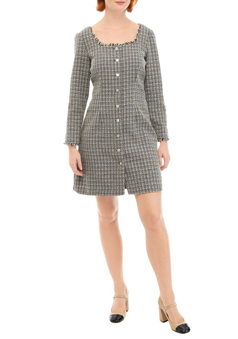 Womens Long Sleeve Square Neck Button Front Boucle Dress