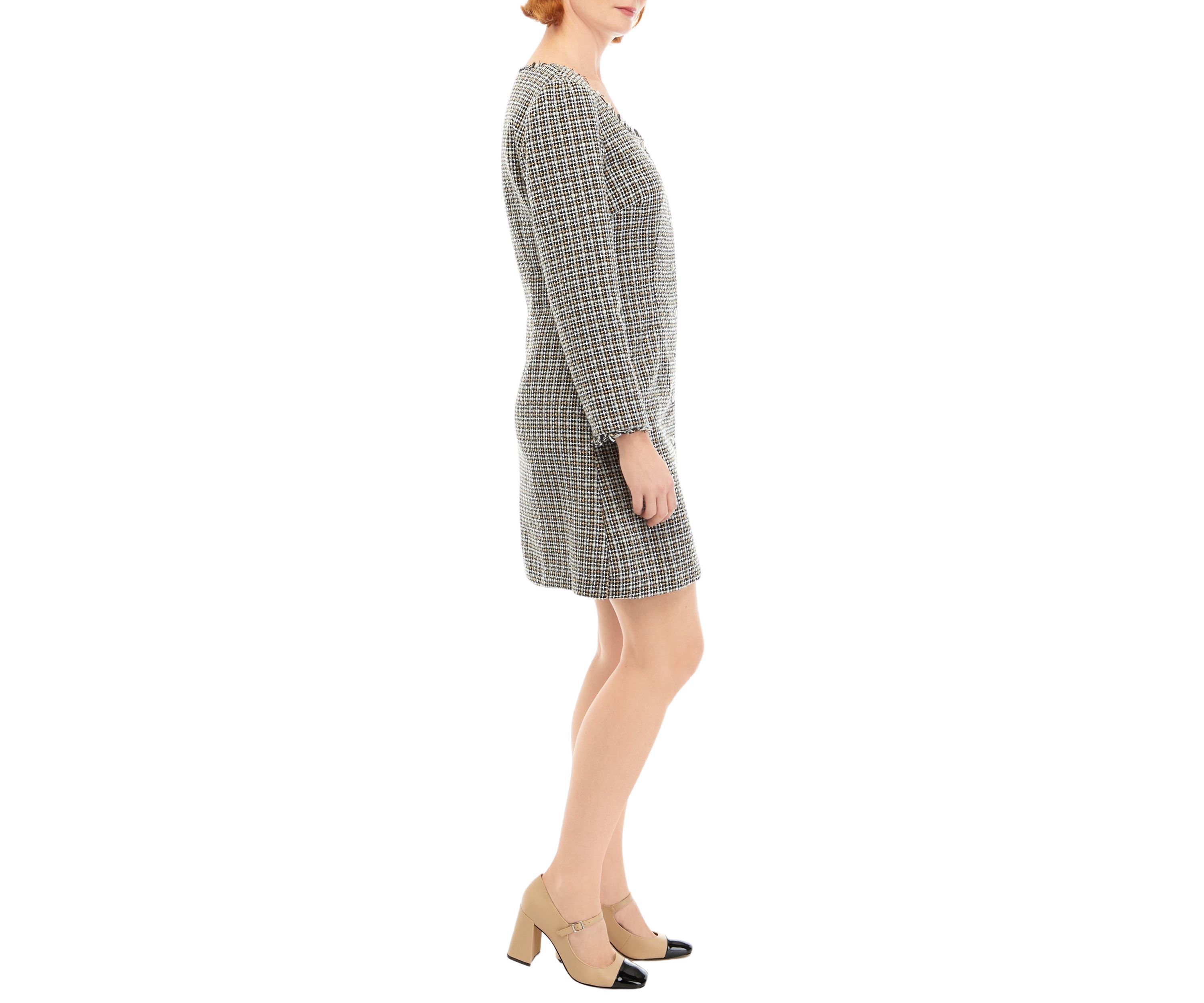 Womens Long Sleeve Square Neck Button Front Boucle Dress