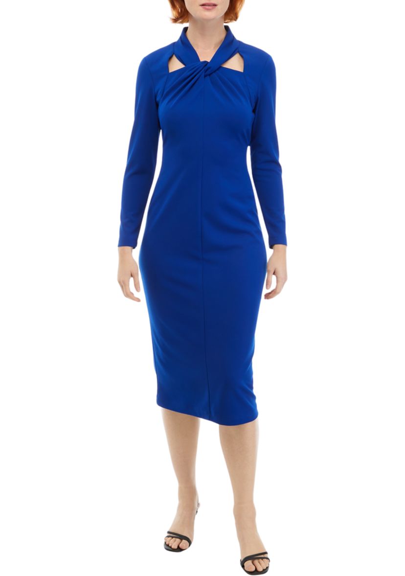 Womens Long Sleeve Cut Out Solid Crepe Sheath Dress