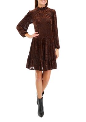 Women's Long Sleeve Mock Neck Burnout Velvet Babydoll Dress